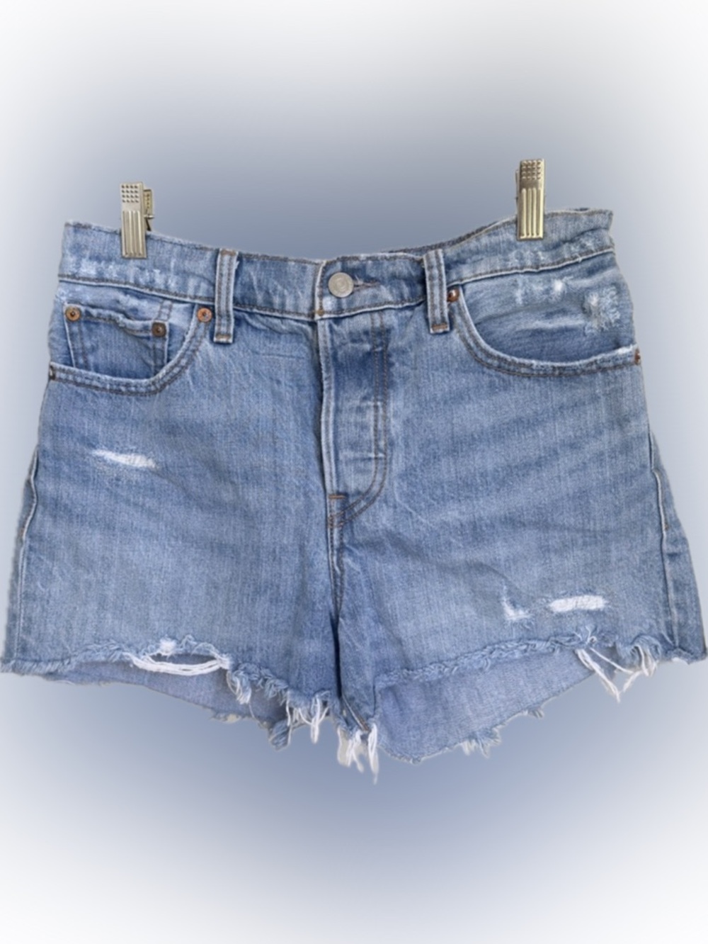 Levi’s Wedgie Fit Denim Shorts Size 28 Distressed Light Wash Raw Hem Festival